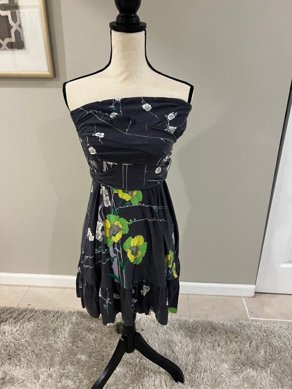 Free People Strapless Black Dress with Green and White Floral Print